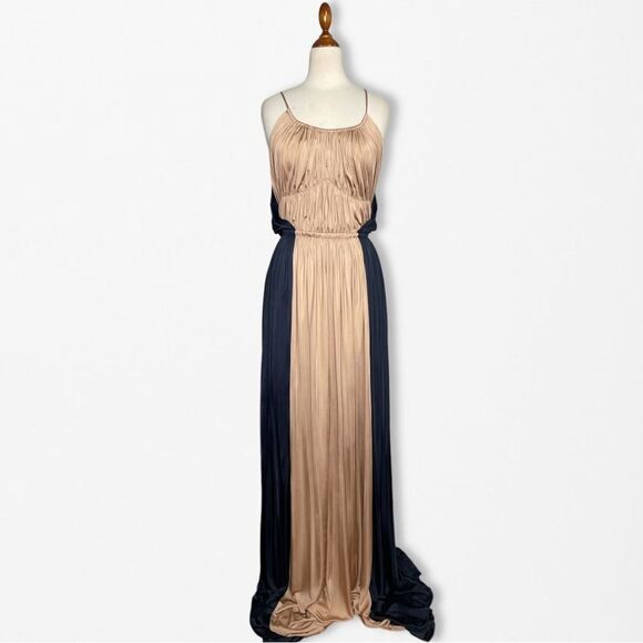 NWT ROCHAS Champagne Gold and Navy Blue Pleated Grecian Gown Open Back Size 42 6 - Picture 1 of 13